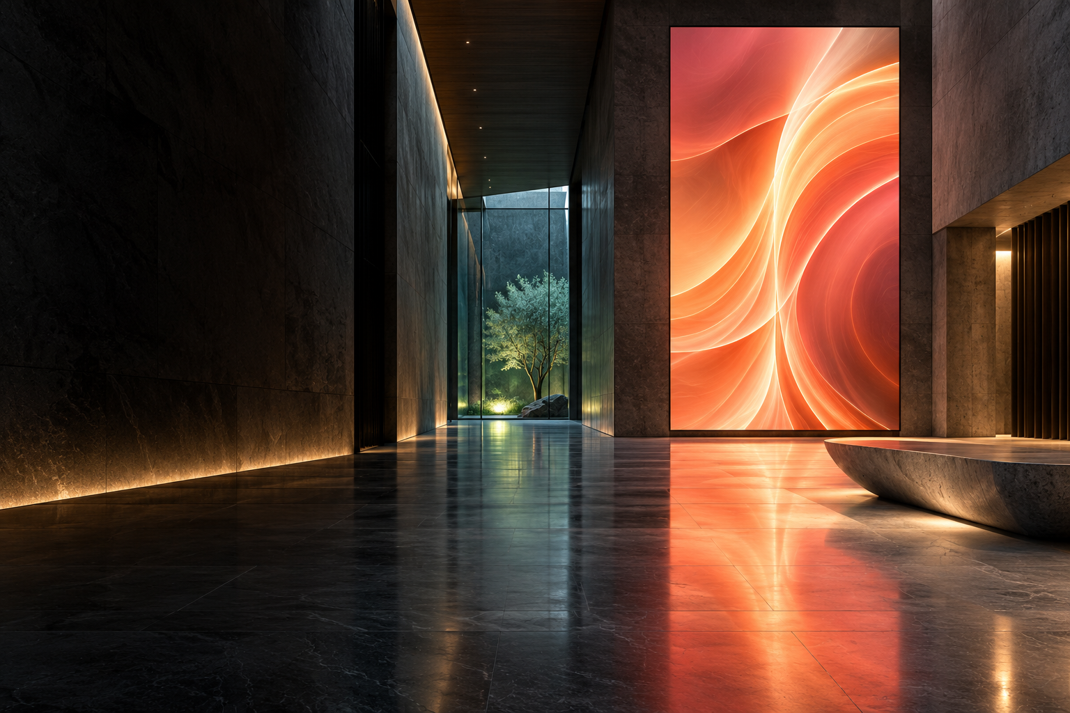 Visualisierung eines großzügigen Empfangs mit leuchtendem Digital-Signage-Display
