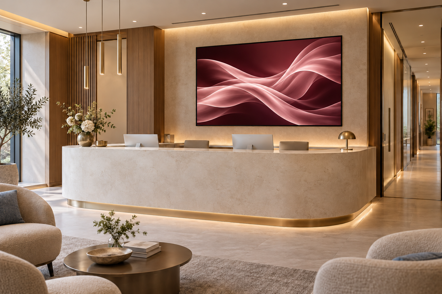 Illustrative Premium-Arztpraxis mit Natursteinempfang und einem Display mit Wellen in Rosé und Burgunder