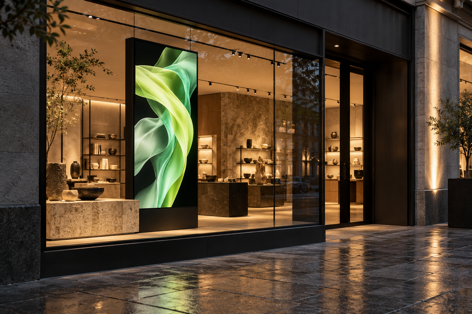 Visualisierung eines Designgeschäfts mit digitalem Display im Schaufenster