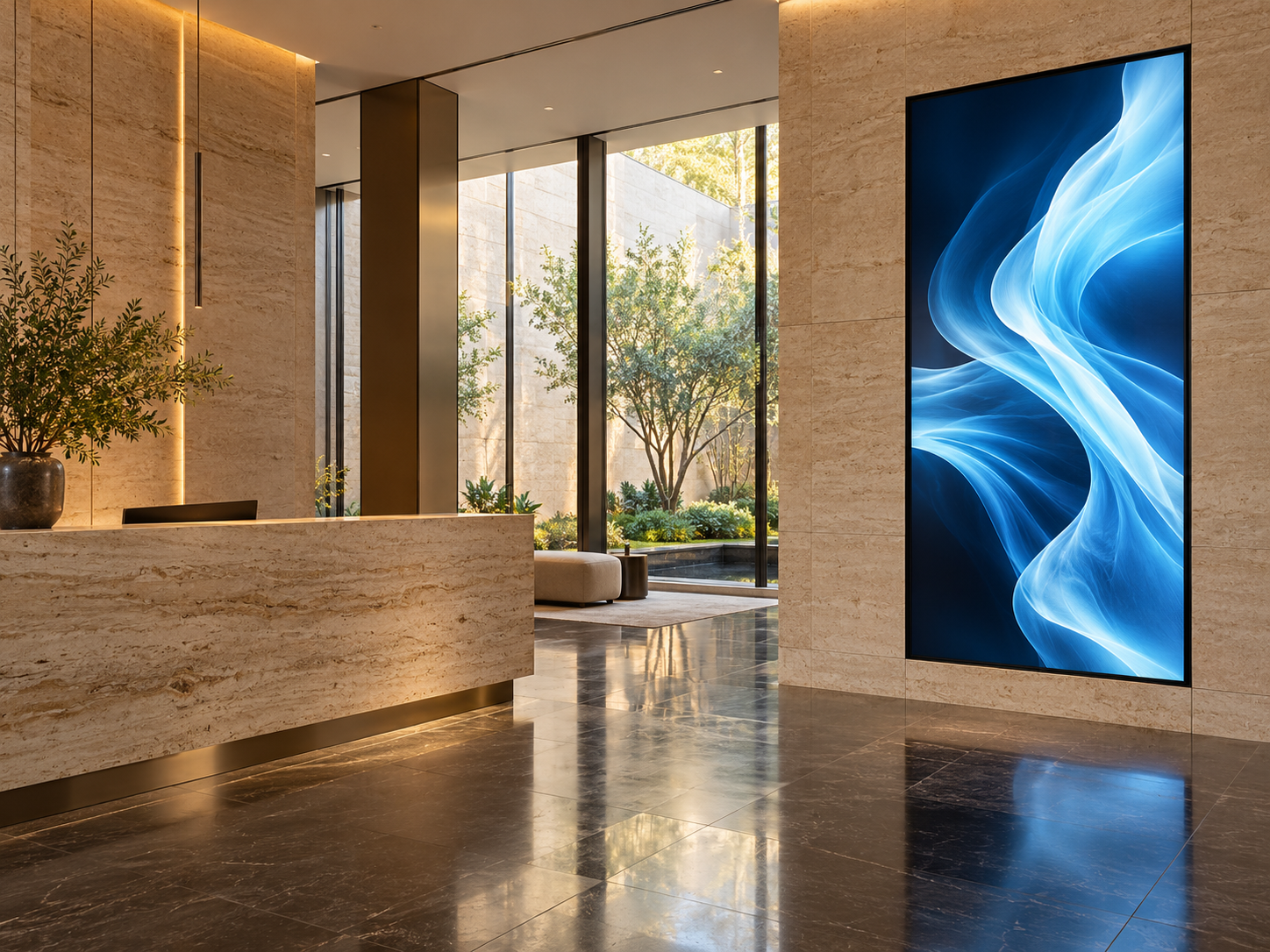 Illustrativer Empfang aus hellem Naturstein mit einem eisblauen Digitaldisplay